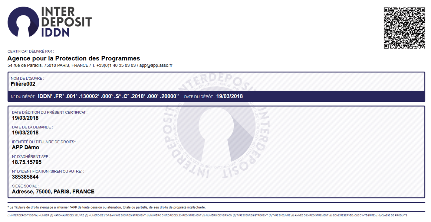 Photo du certificat IDD délivré par l'APP