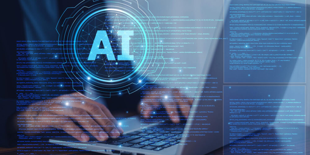 Personne utilisant un ordinateur portable avec une interface représentant l’intelligence artificielle