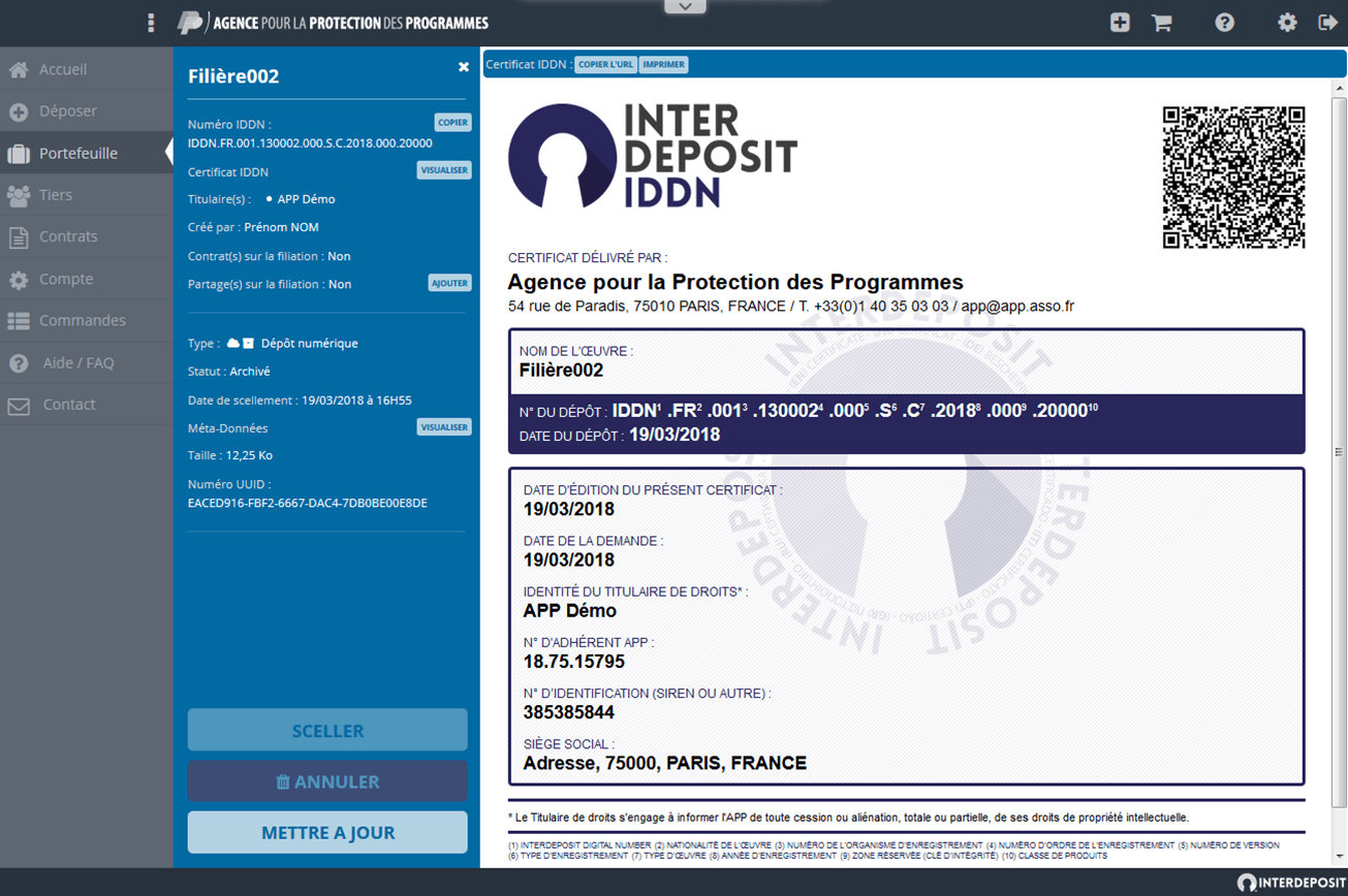 Le certificat IDDN de l'APP