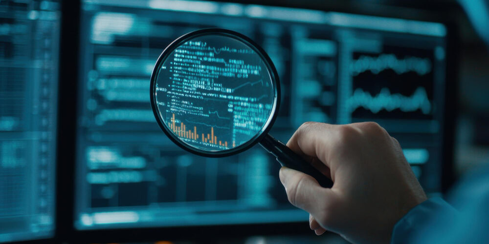Loupe mettant en évidence du code source sur un écran, illustrant un audit de propriété intellectuelle d'un logiciel.