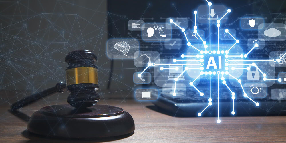Illustration de l’IA générative appliquée aux métiers du droit avec marteau de justice et interface d’intelligence artificielle