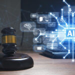 Illustration de l’IA générative appliquée aux métiers du droit avec marteau de justice et interface d’intelligence artificielle