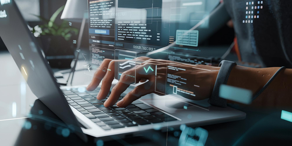 L'originalité du logiciel CQFD Représentation numérique d'une main tapant sur un clavier d'ordinateur portable, entourée d'interfaces holographiques et de lignes de code complexes, symbolisant le développement de logiciels originaux