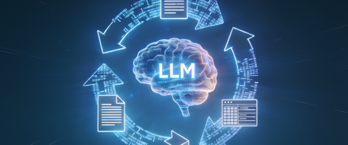 Schéma illustrant un modèle de langage (LLM) au cœur des flux de données dans l’économie des données et l’intelligence artificielle générative