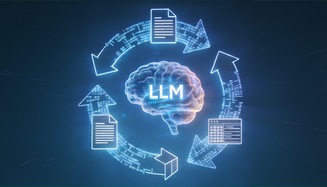 Schéma illustrant un modèle de langage (LLM) au cœur des flux de données dans l’économie des données et l’intelligence artificielle générative