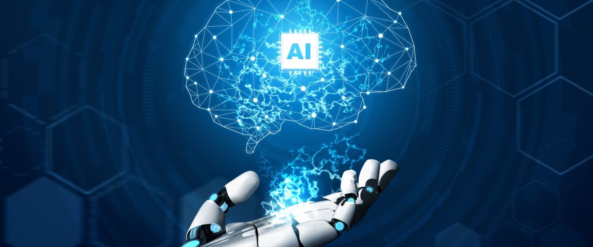 3D Rendering futuristic robot technology development, artificial intelligence AI, and machine learning concept. Global robotic bionic science research for future of human life.